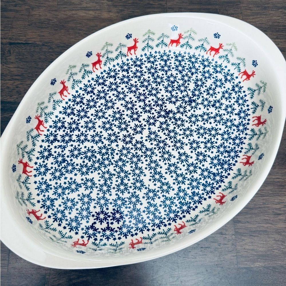 Boleslawiec Polish Pottery Christmas Holiday Reindeer Casserole Baking Dish